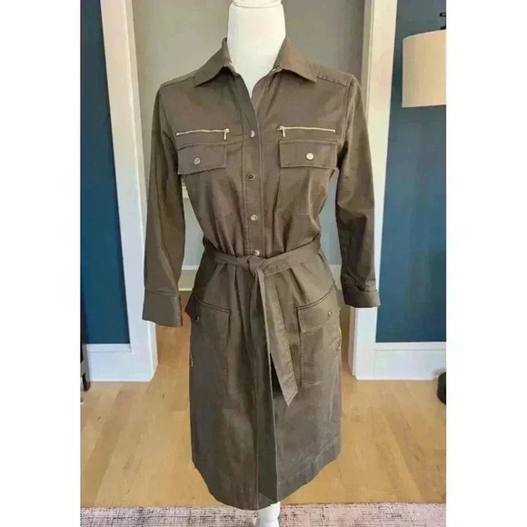 Etcetera Size 4 Bonvoyage Military Style Olive Green Snap Front Dress - Picture 2 of 11